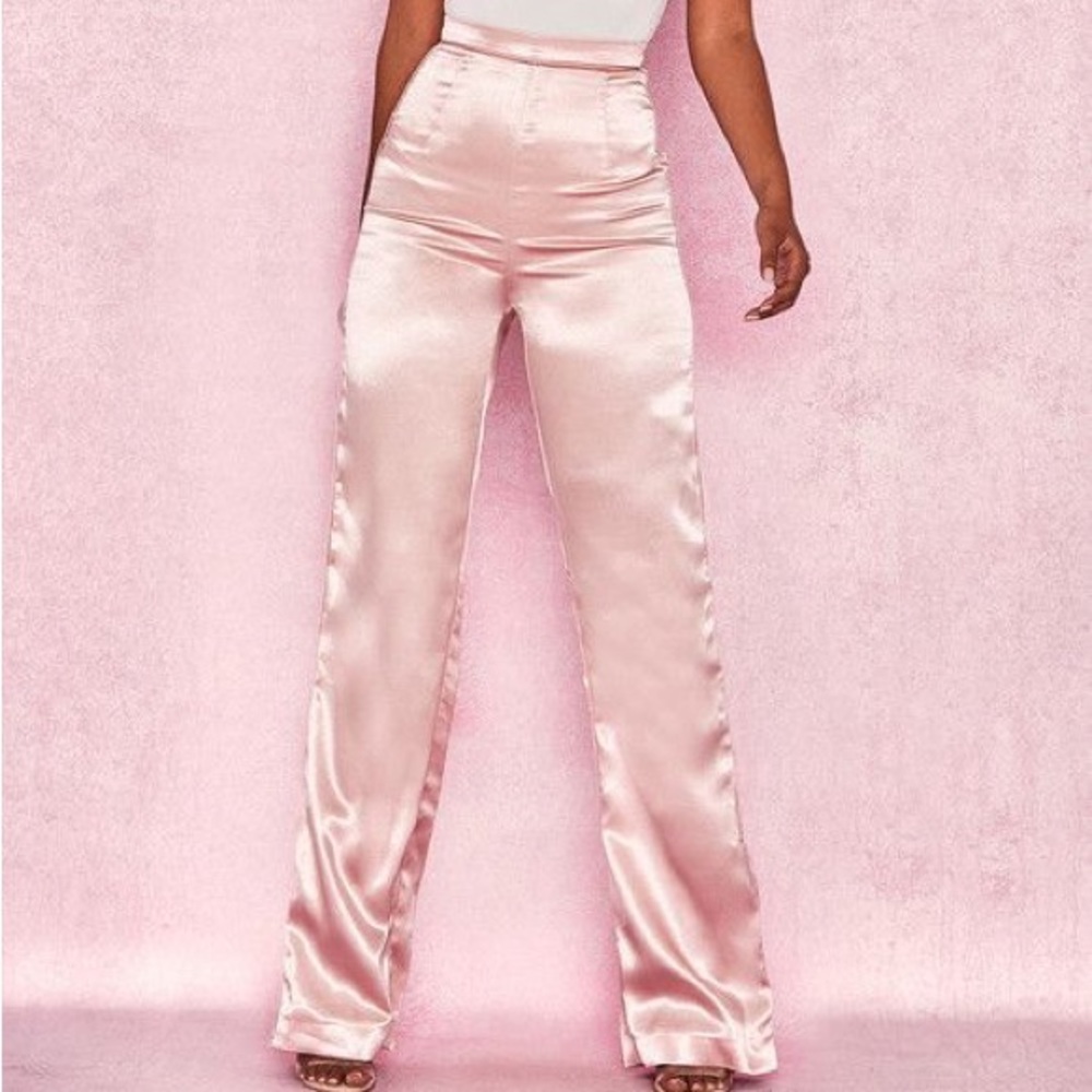 House of CB Riah Pink Satin Wide Leg Trousers Pants XS